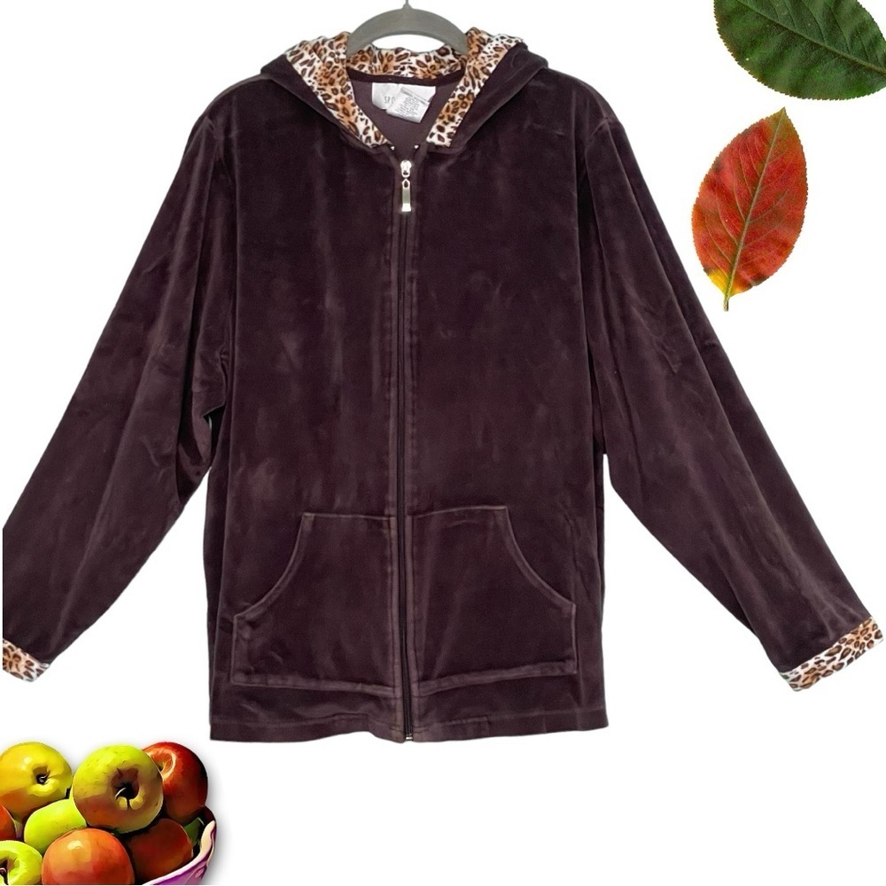 Sport Savvy hooded velour sweater 2X brown w/animal trim front zipper closure